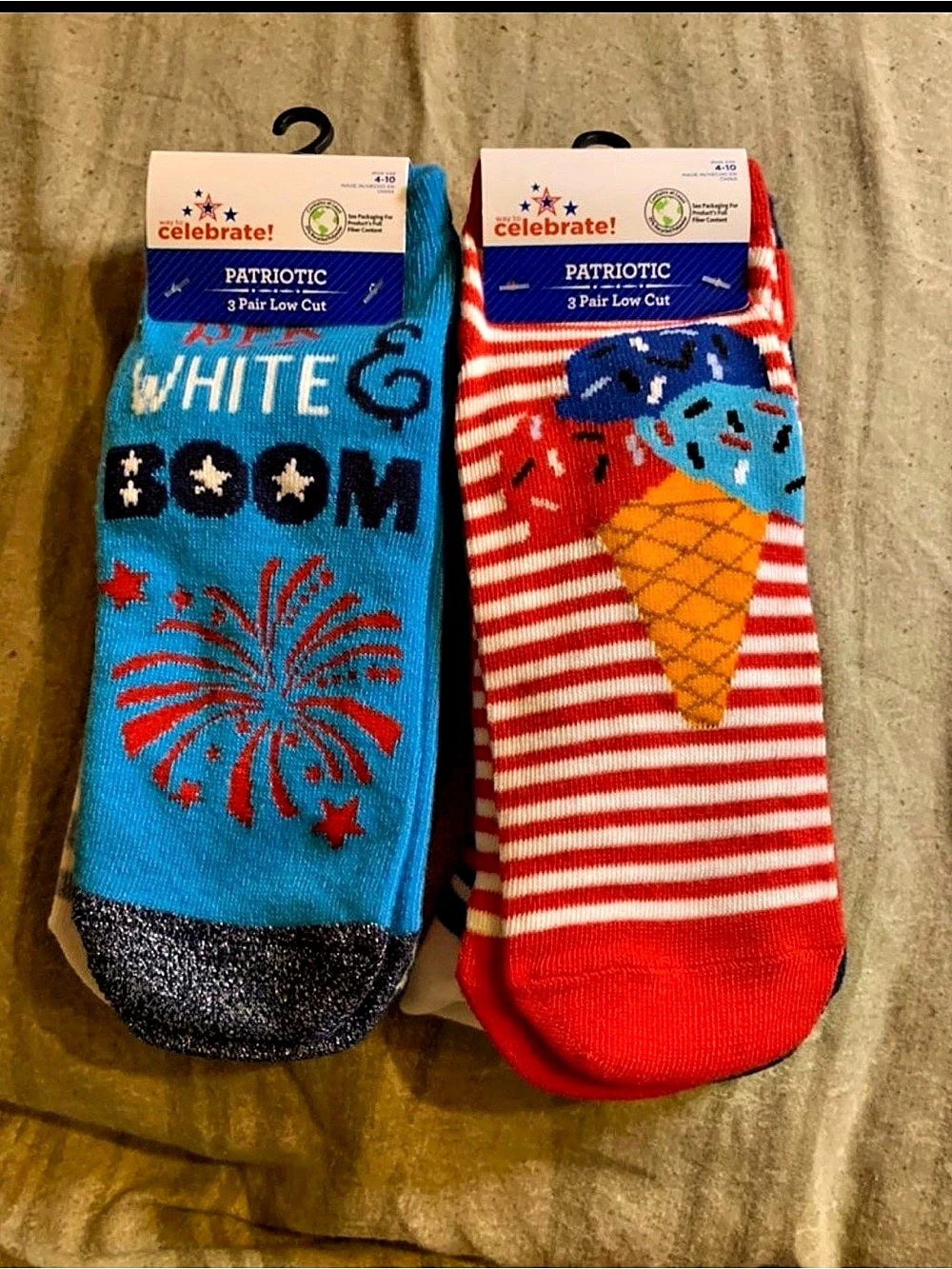 Celebrate! Patriotic 3 Pair Low Cut! Low Cut Socks Blue & Red ladies